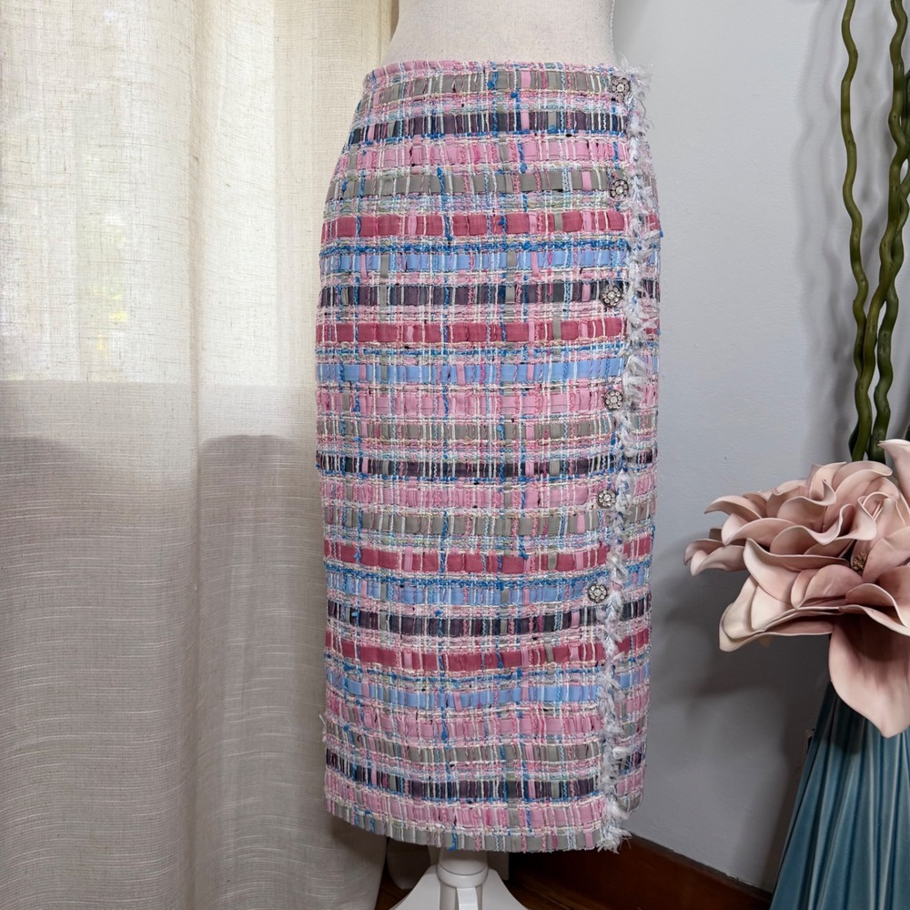 NWT Benaar LA Tweed Fringe Midi Skirt Rhinestones Pink Blue Women's Size 6